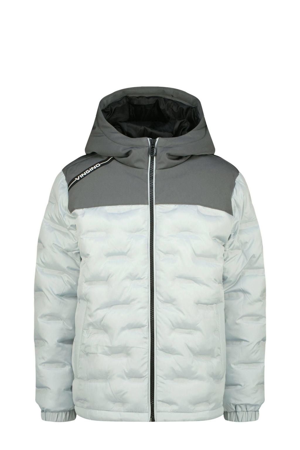 Grijs en lichtgrijze jongens Vingino gewatteerde jas van polyester met meerkleurige print, lange mouwen, capuchon, ritssluiting en doorgestikte details