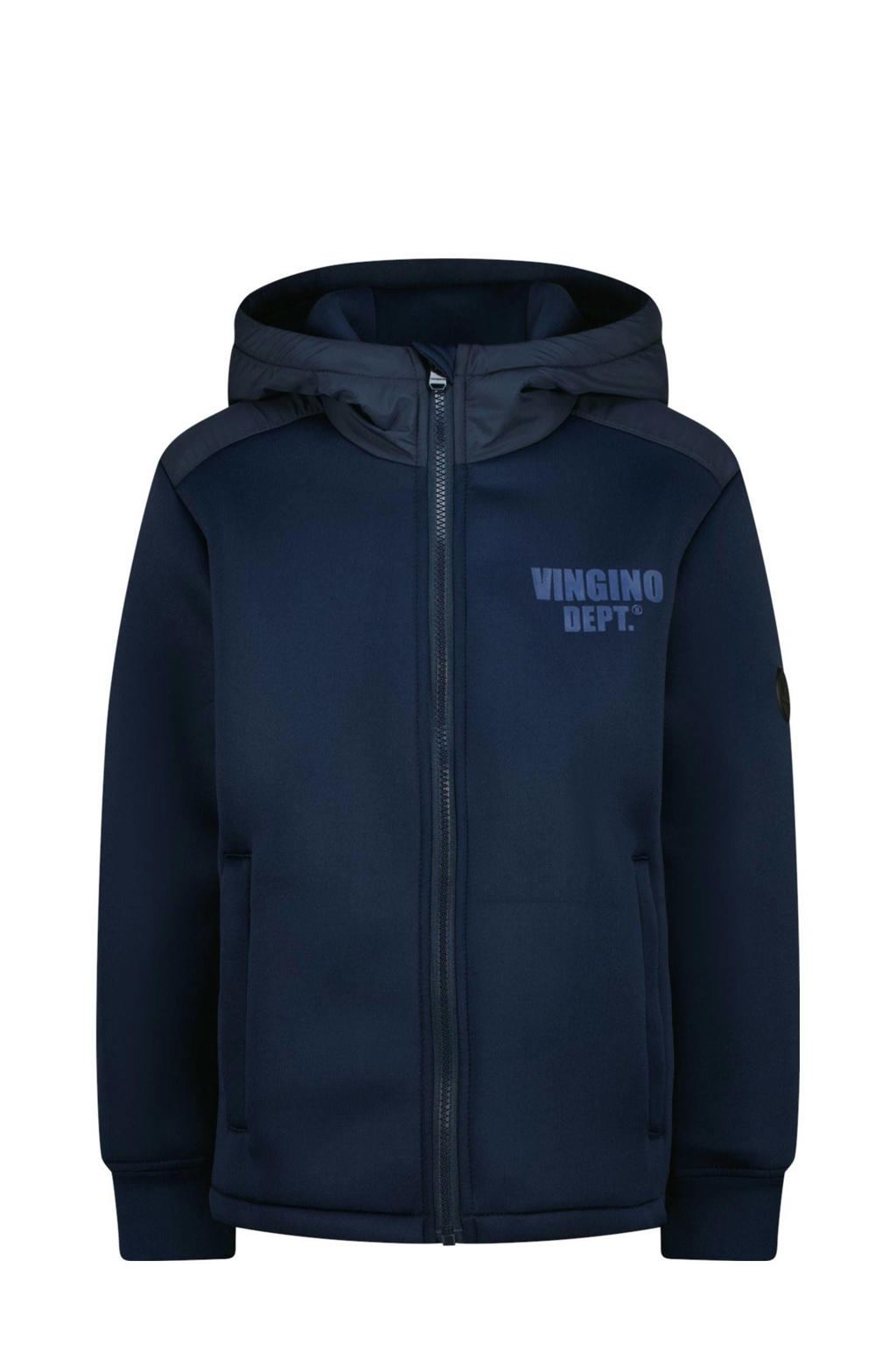 Donkerblauwe jongens Vingino zomerjas van polyester met backprint, lange mouwen, capuchon en ritssluiting