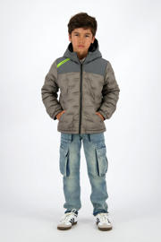 thumbnail: Groen, olijfgroen en grijze jongens Vingino gewatteerde jas van polyester met meerkleurige print, lange mouwen, capuchon, ritssluiting en doorgestikte details