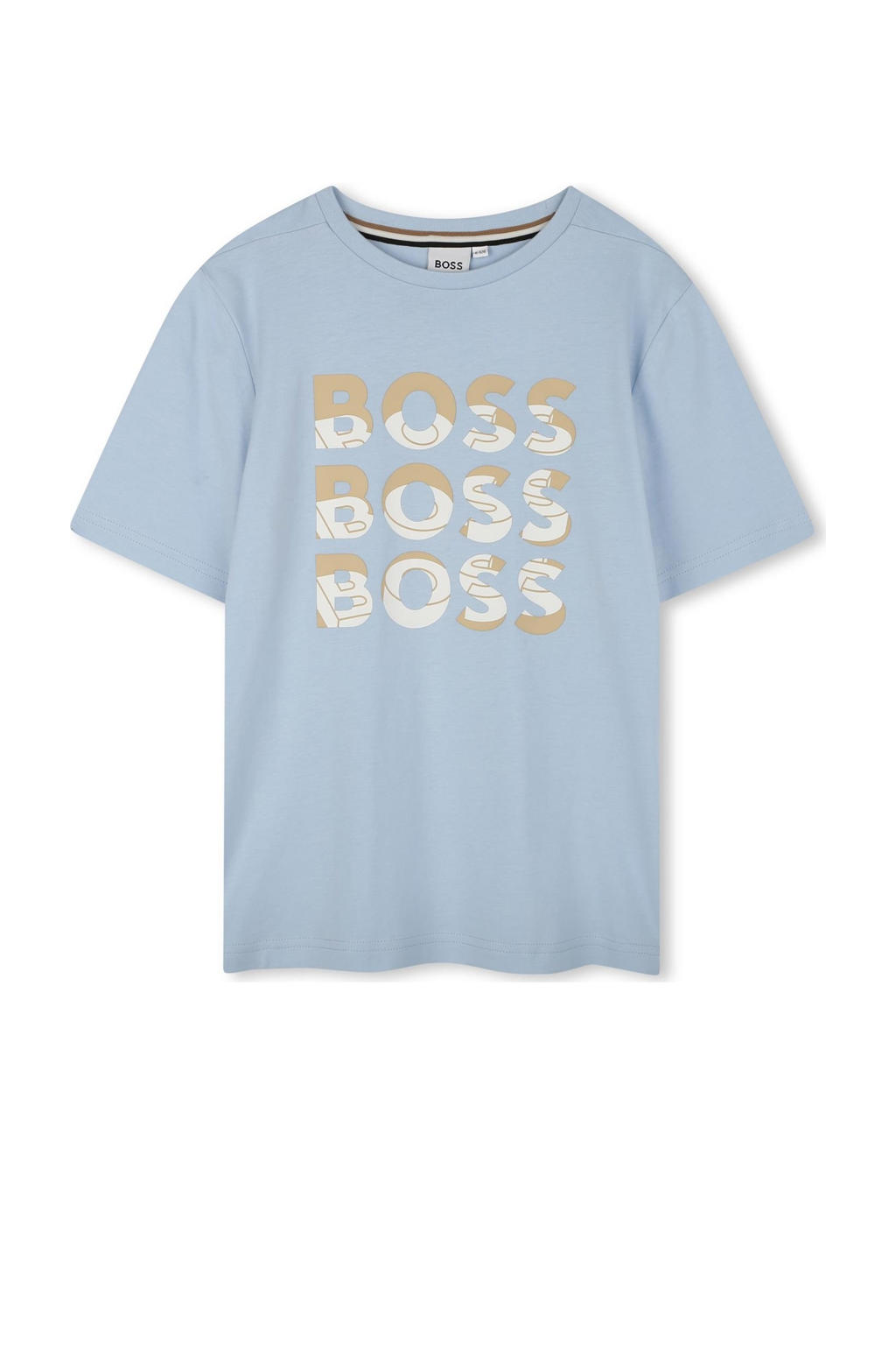 Blauwe jongens BOSS T-shirt van katoen met tekst print, korte mouwen en ronde hals
