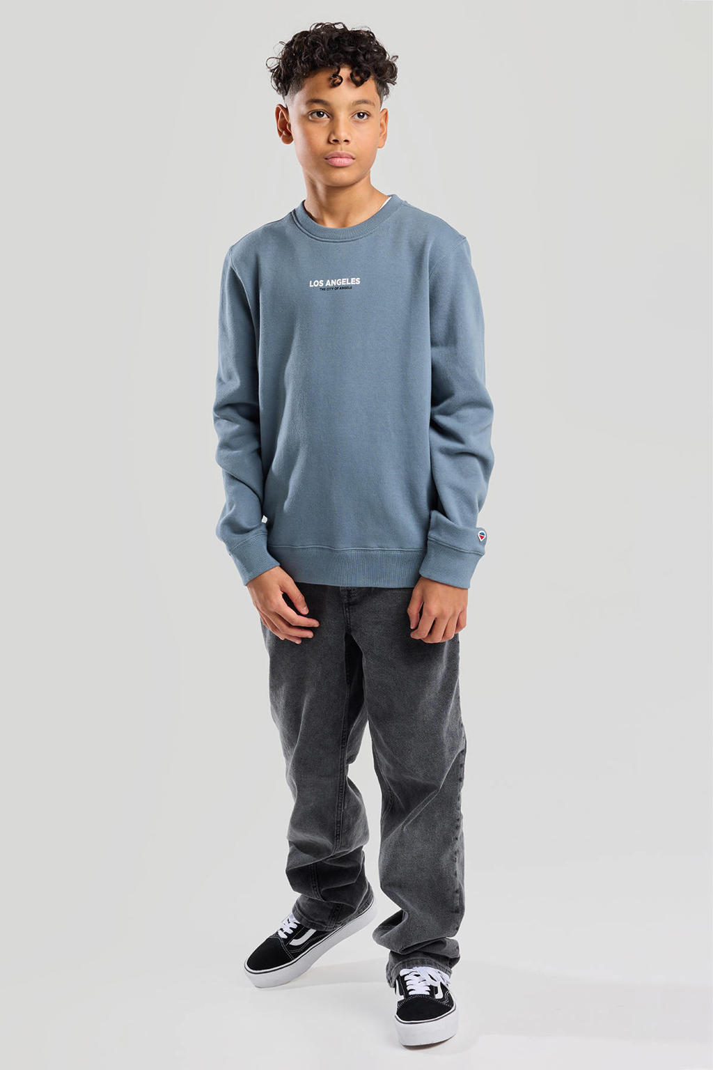 Blauwe jongens America Today sweater met backprint, lange mouwen en ronde hals