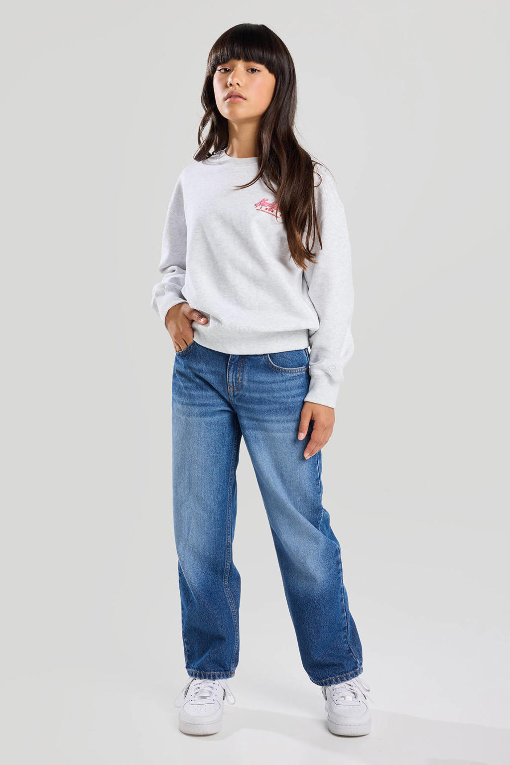 Medium blue denim meisjes America Today low waist loose fit jeans van denim met rits- en knoopsluiting en effen