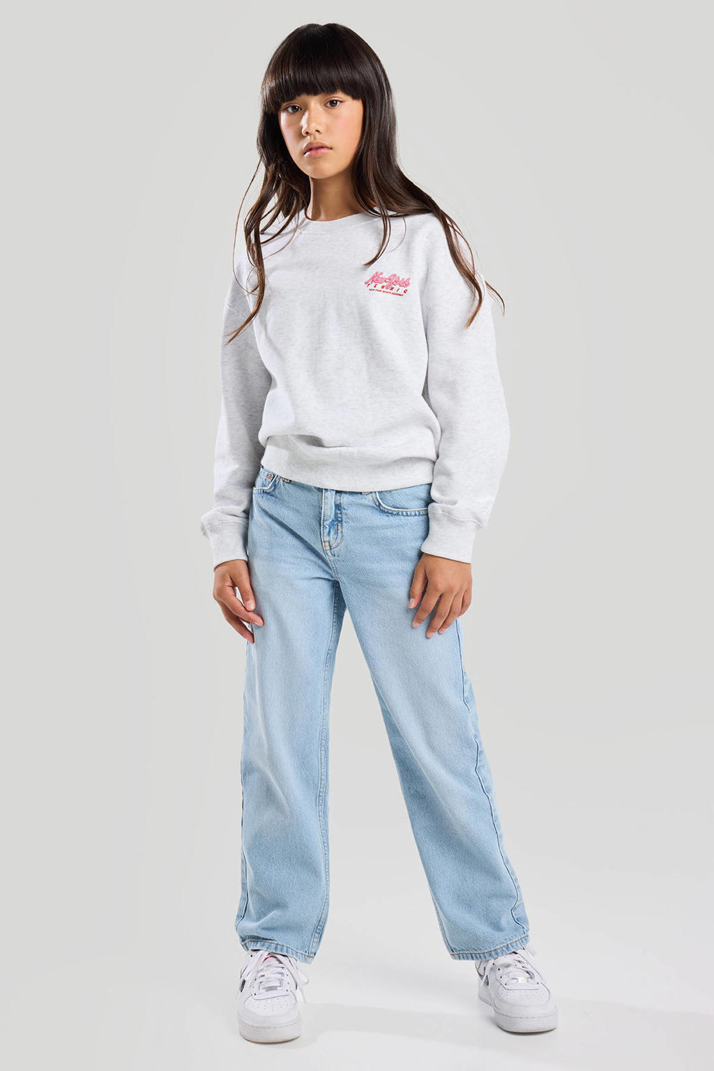 Light blue denim meisjes America Today low waist loose fit jeans van denim met rits- en knoopsluiting en effen