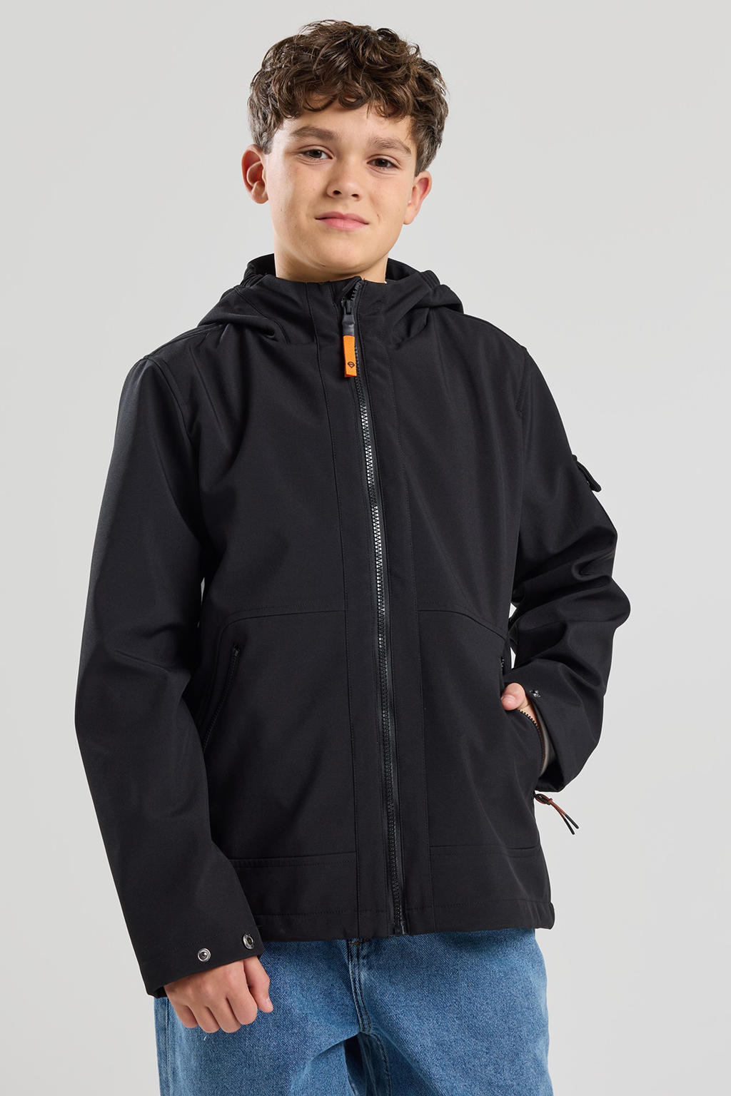 Zwarte jongens America Today softshell jas lente van polyester met effen, lange mouwen, capuchon en ritssluiting