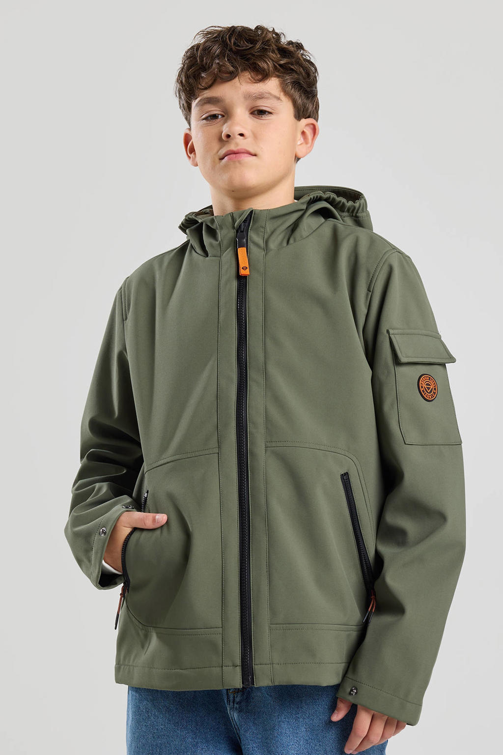 Groene jongens America Today softshell jas lente van polyester met effen, lange mouwen, capuchon en ritssluiting