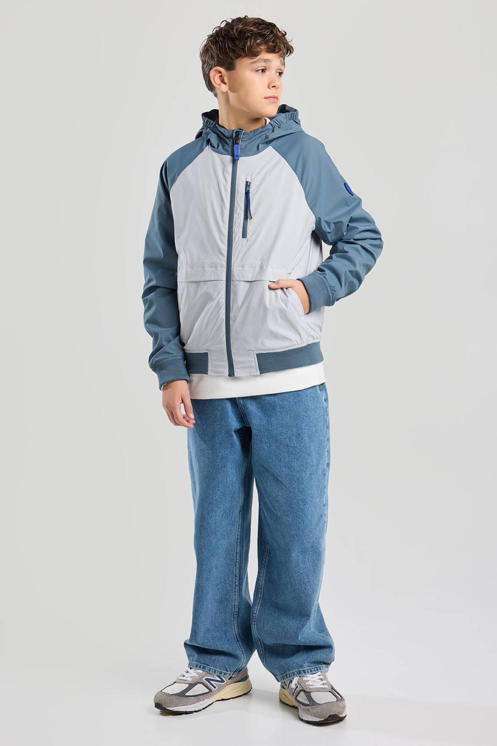 Blauwe jongens America Today jack van polyester met effen, lange mouwen, capuchon en ritssluiting