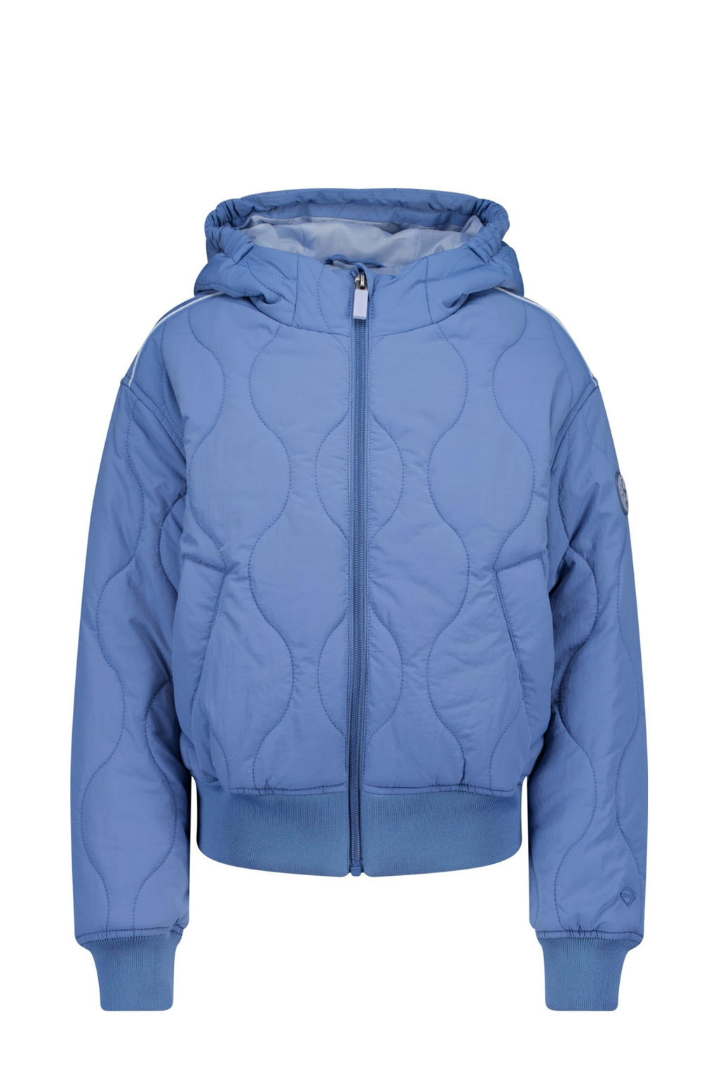 Blauwe meisjes America Today gewatteerde jas van polyester met effen, lange mouwen, capuchon, ritssluiting en quilted