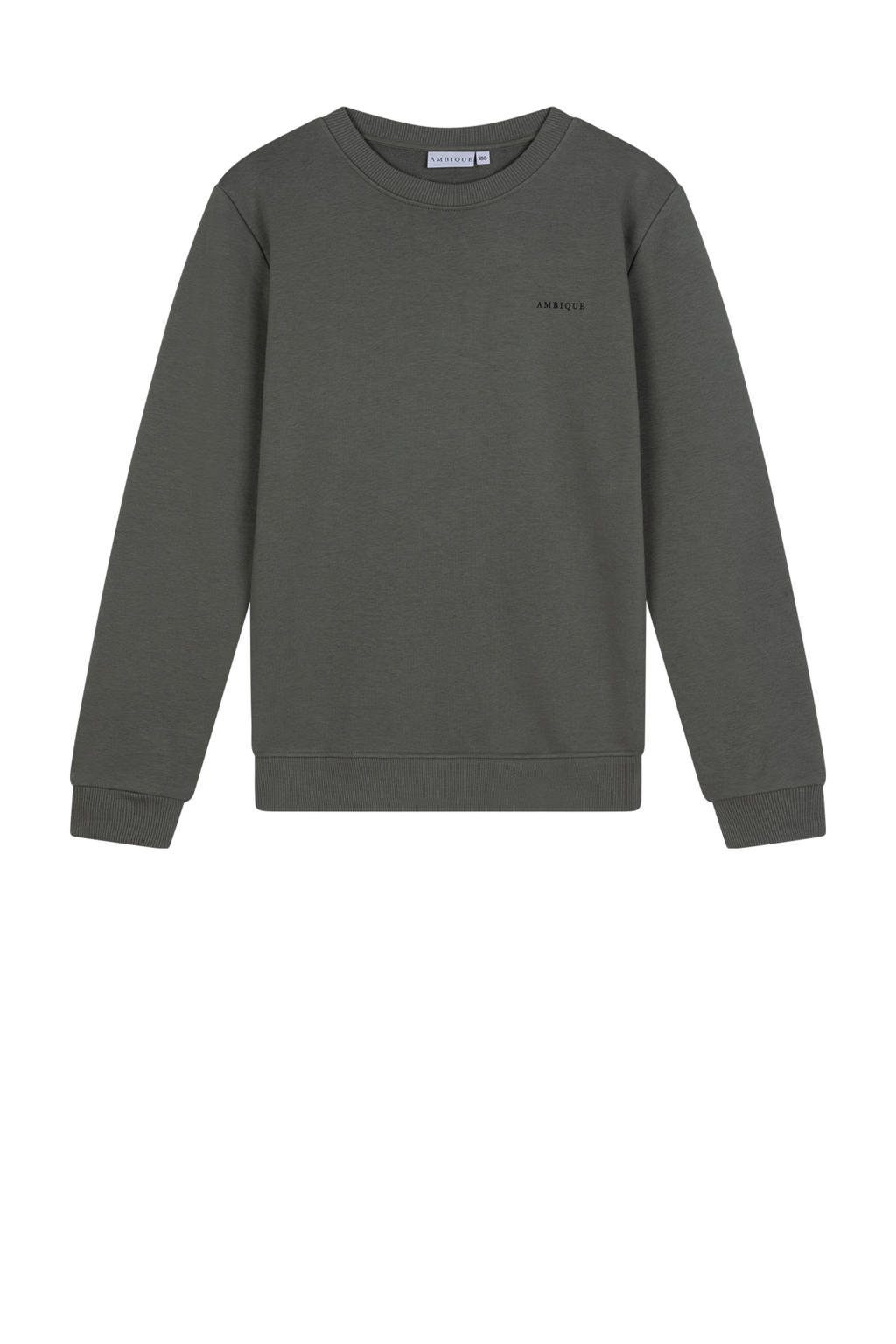 Donkergroene jongens Ambique sweater met logo dessin, lange mouwen, ronde hals en geribde boorden