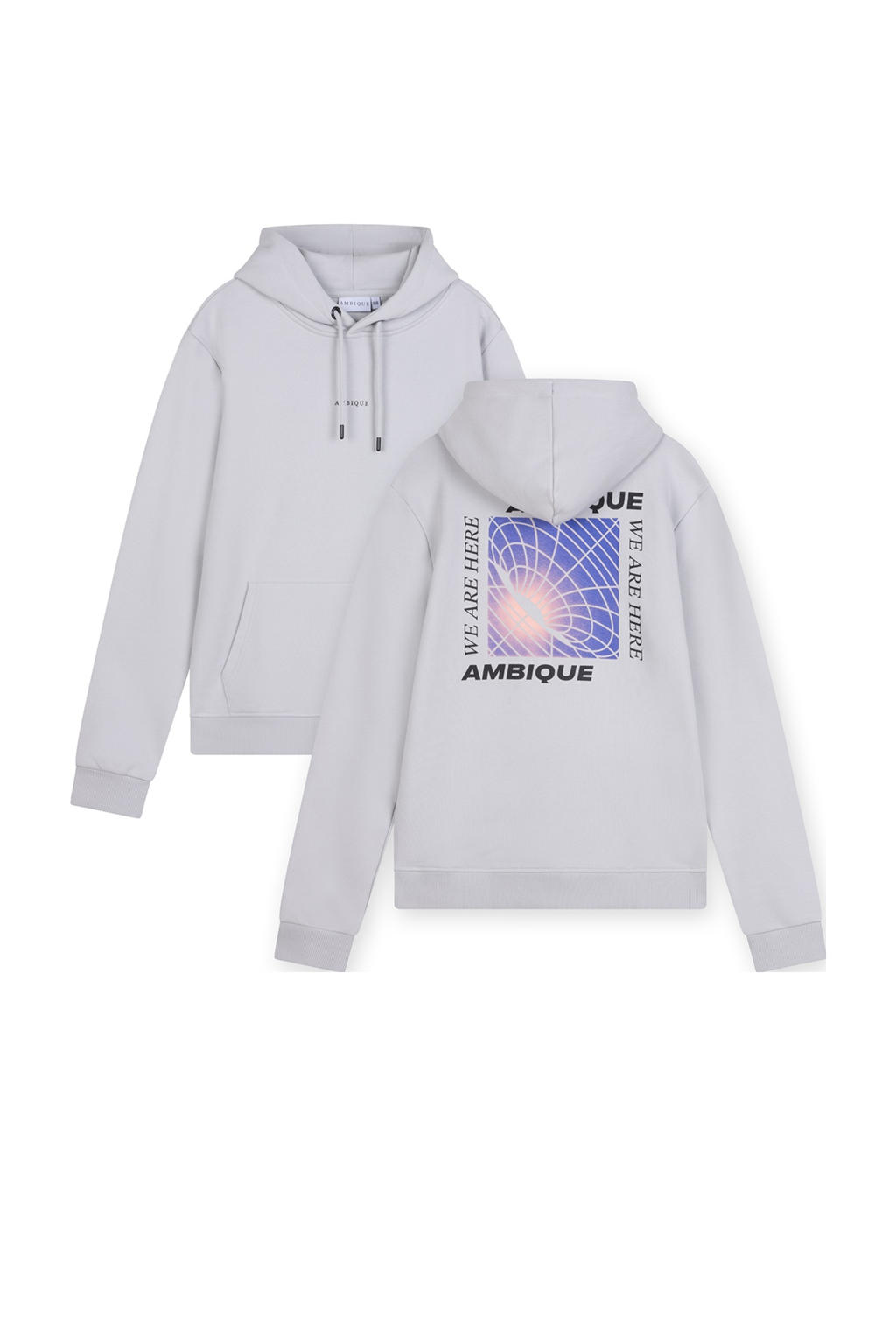 Lichtgrijs, blauw en witte jongens Ambique sweater met backprint, lange mouwen, capuchon en geribde boorden