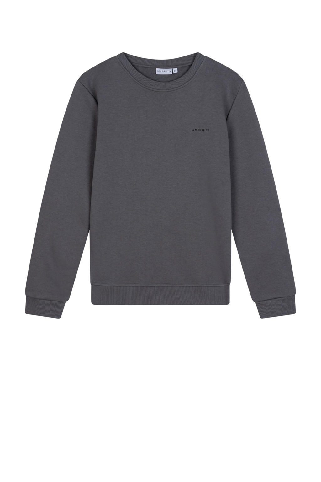 Grijze jongens Ambique sweater met logo dessin, lange mouwen, ronde hals en geribde boorden