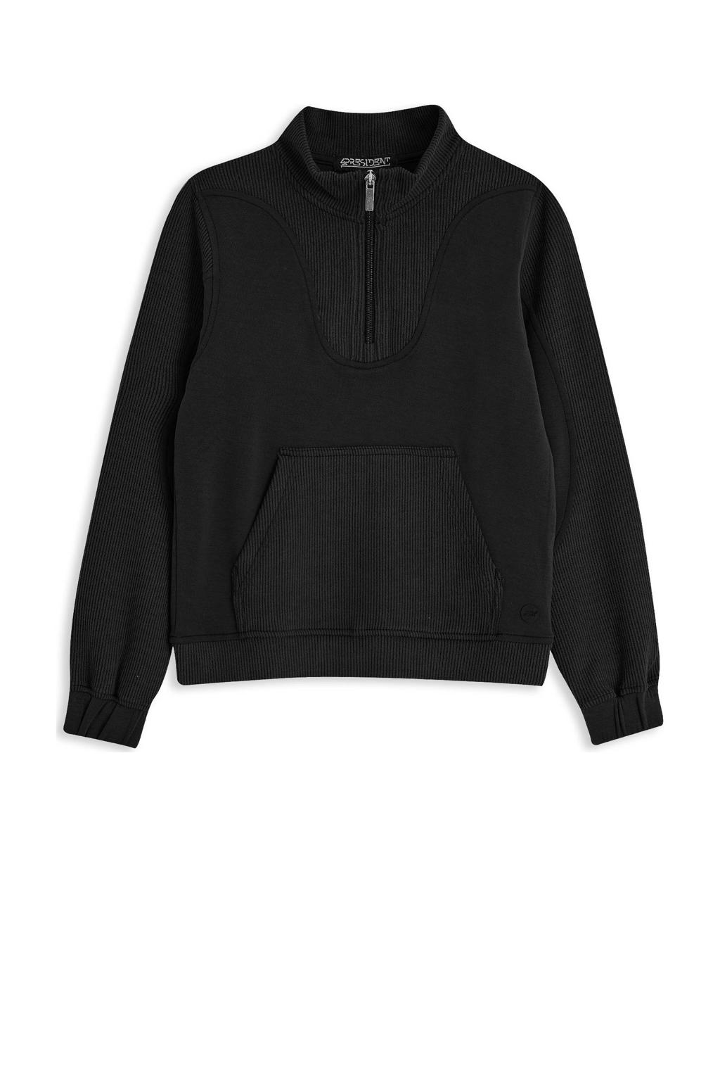 Zwarte meisjes 4PRESIDENT sweater van modal met effen, lange mouwen, opstaande kraag en ritssluiting