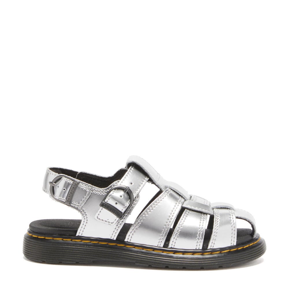 Antraciet en grijze meisjes Dr. Martens Caarys J leren sandalen Silver Metallic Patent Lamper met klittenband
