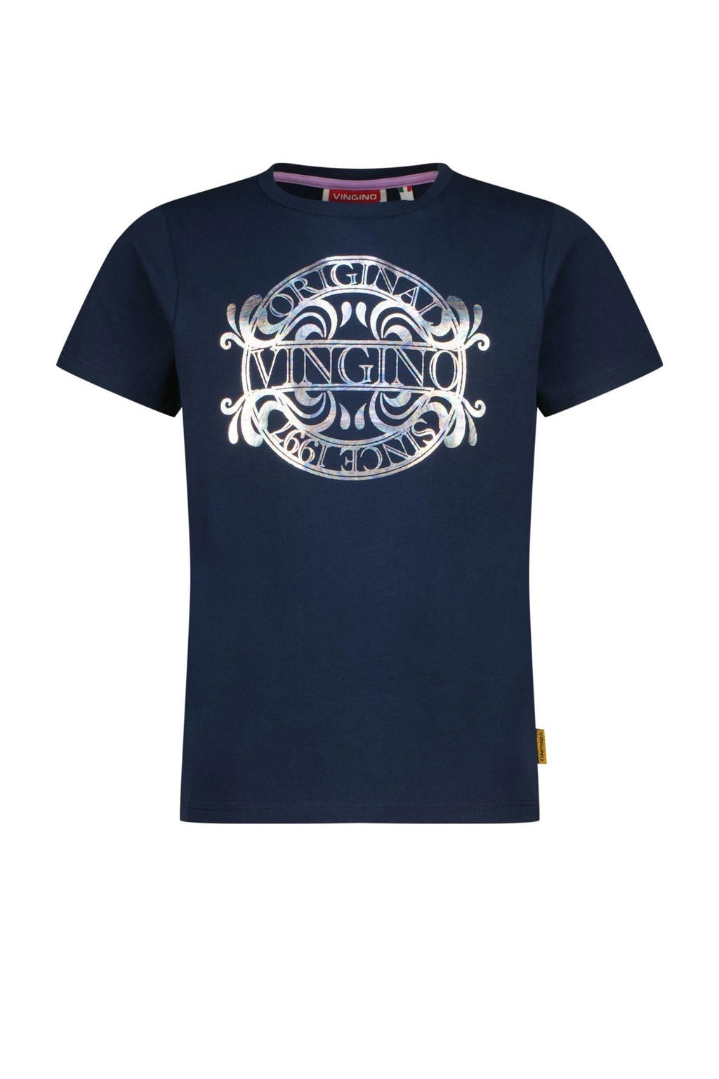 Donkerblauwe meisjes Vingino T-shirt van stretchkatoen met printopdruk, korte mouwen en ronde hals