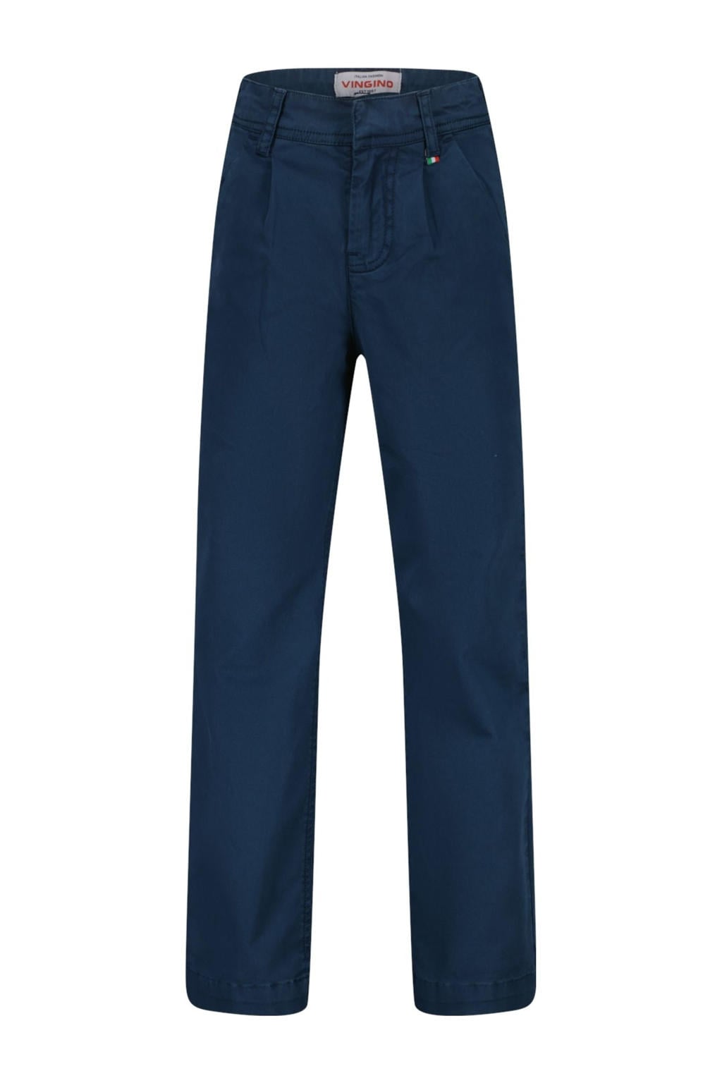 Donkerblauwe jongens Vingino straight casual broek van stretchkatoen met regular waist, rits- en knoopsluiting en effen