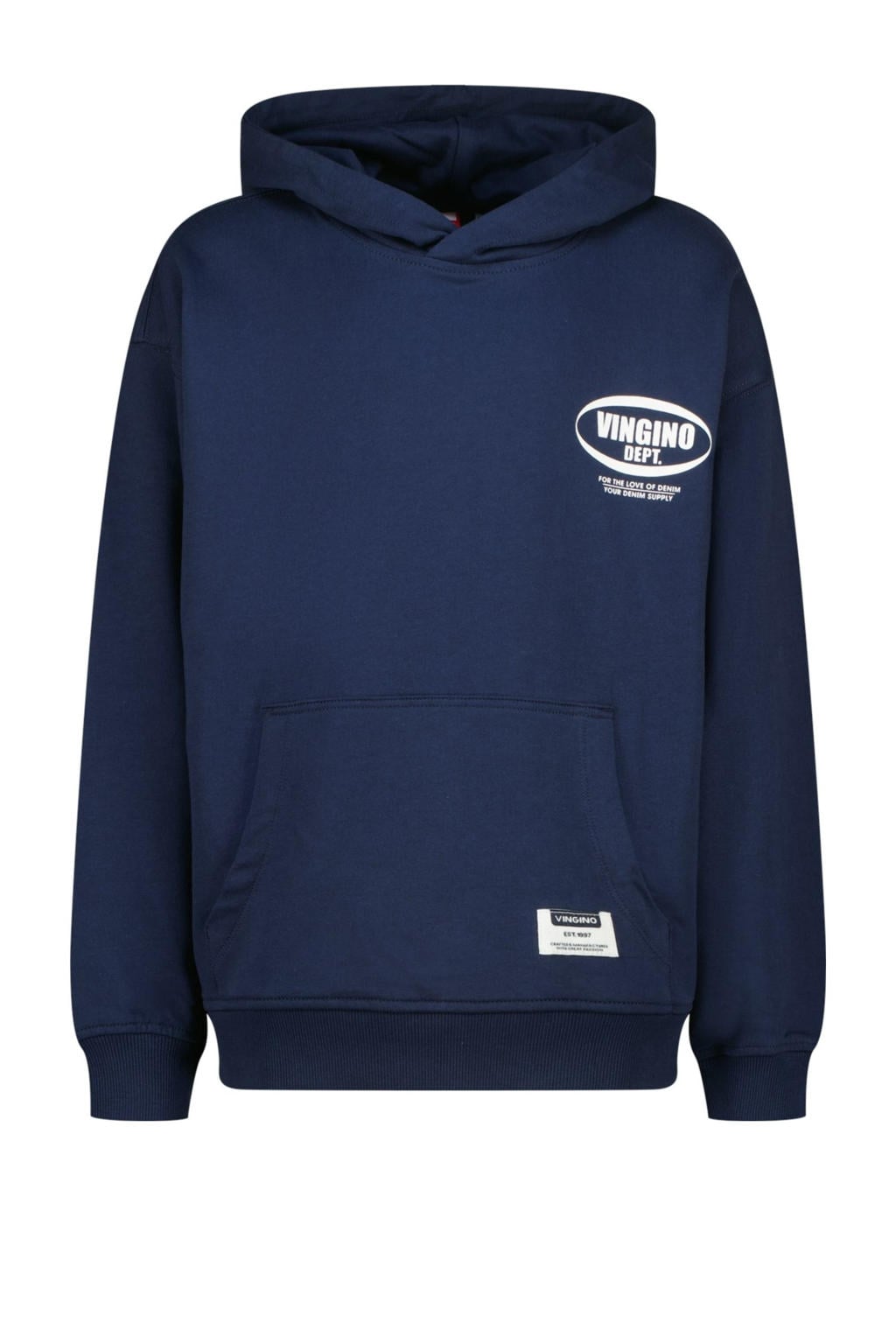 Donkerblauwe jongens Vingino hoodie van sweat materiaal met logo dessin, lange mouwen en capuchon