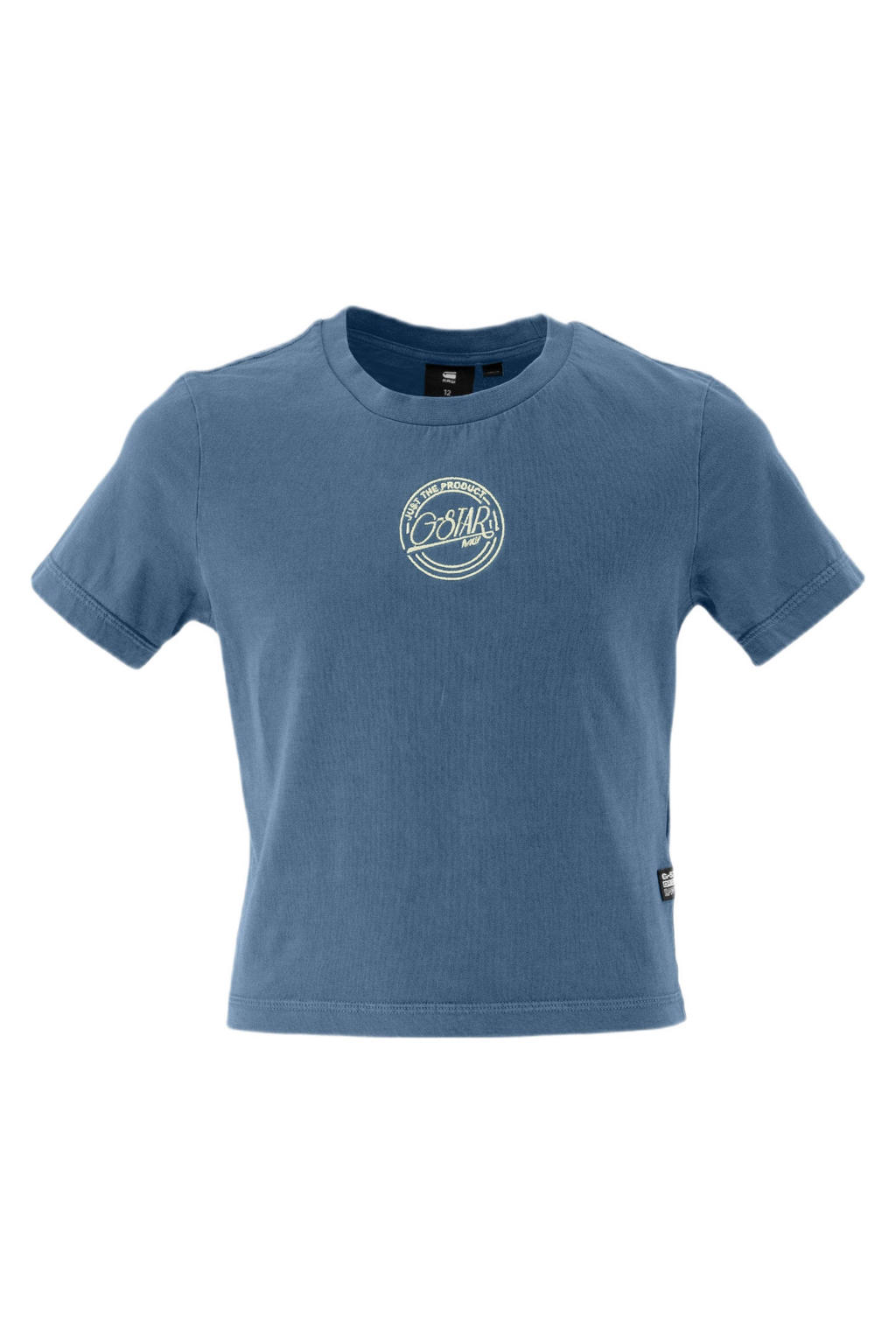 Blauwe meisjes G-STAR T-shirt van katoen met tekst print, korte mouwen, ronde hals en borduursels