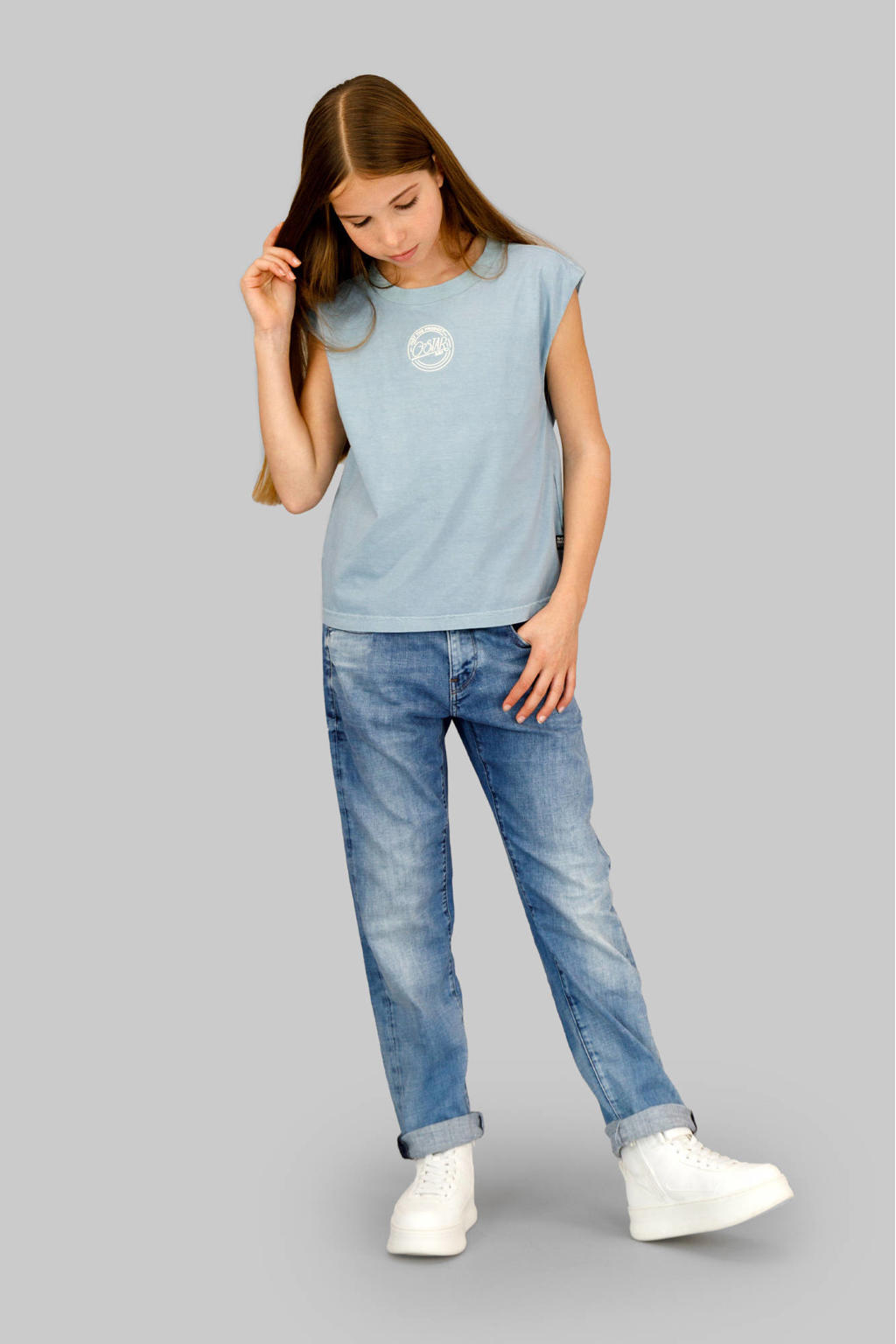 Blauwe meisjes G-STAR T-shirt van katoen met tekst print, korte mouwen, ronde hals en borduursels