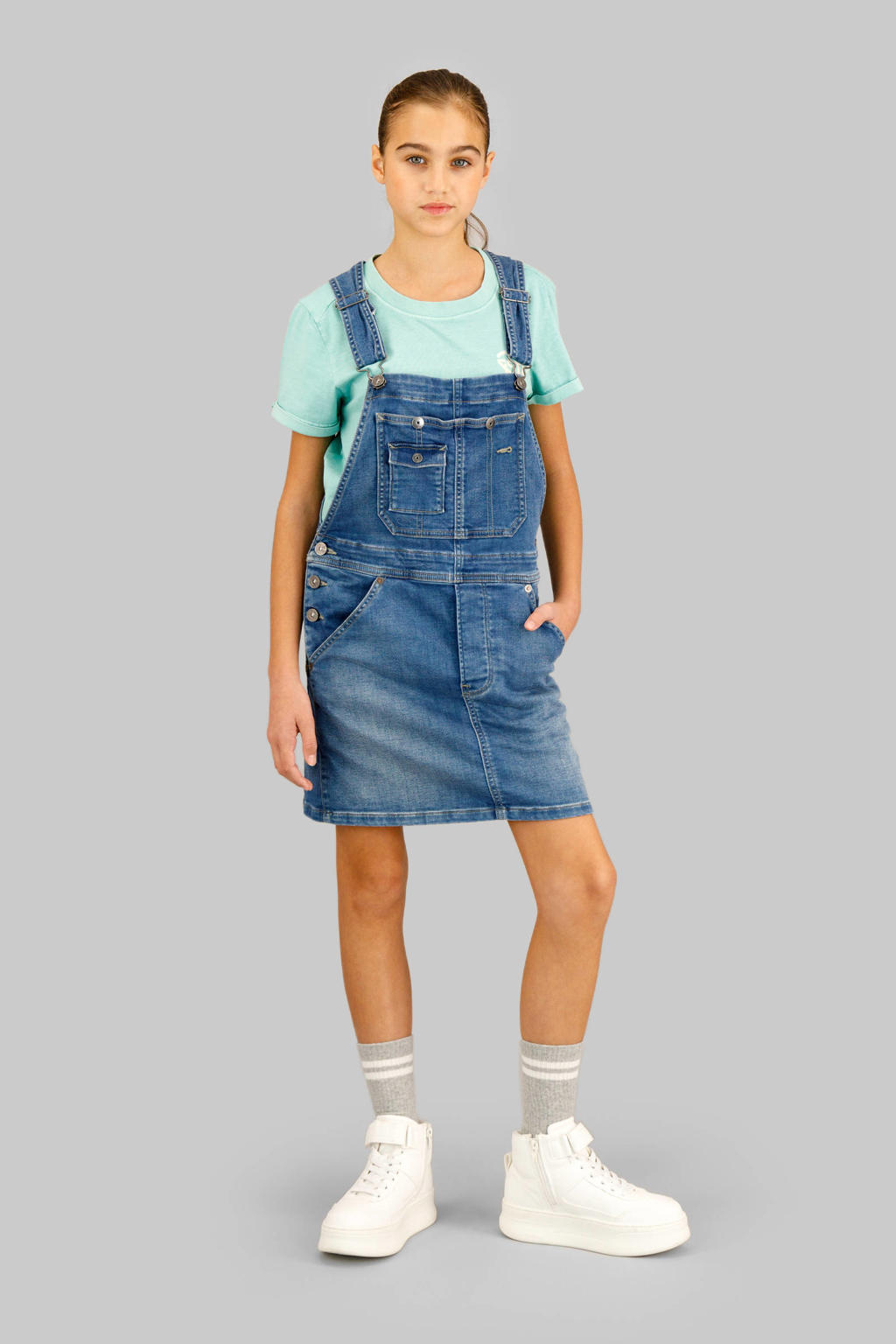 Medium blue denim meisjes G-STAR spijkerjurk van denim met effen, vierkante hals en knoopsluiting
