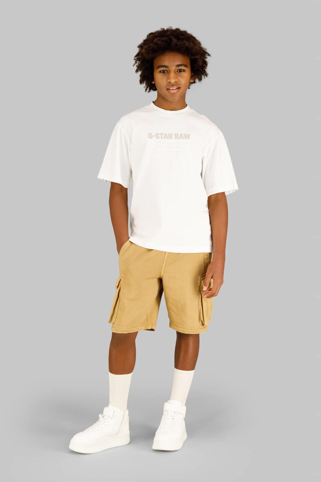 Witte jongens G-STAR T-shirt van katoen met tekst print, korte mouwen en ronde hals