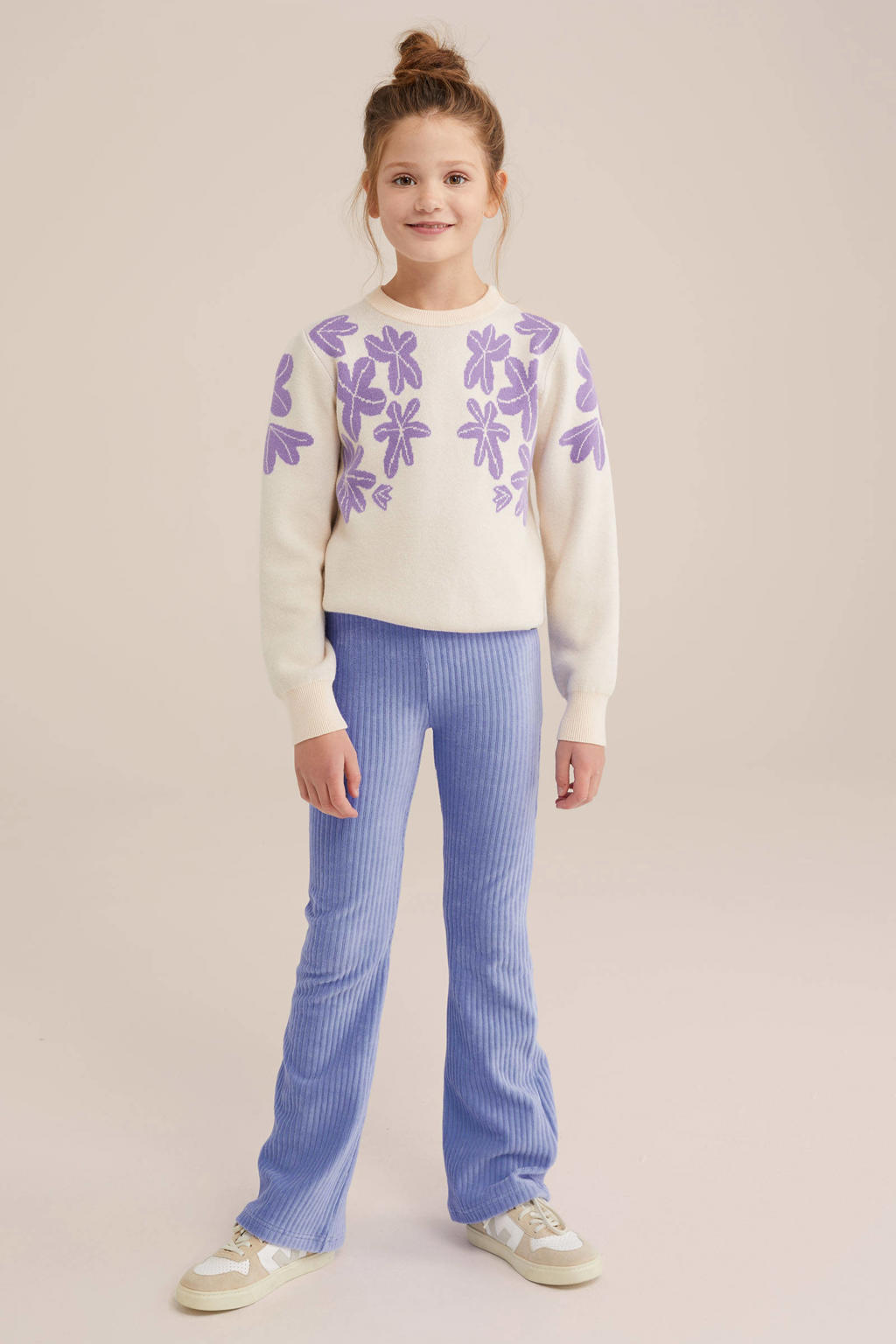 Lilakleurige meisjes flared broek van corduroy met regular waist, elastische tailleband en effen