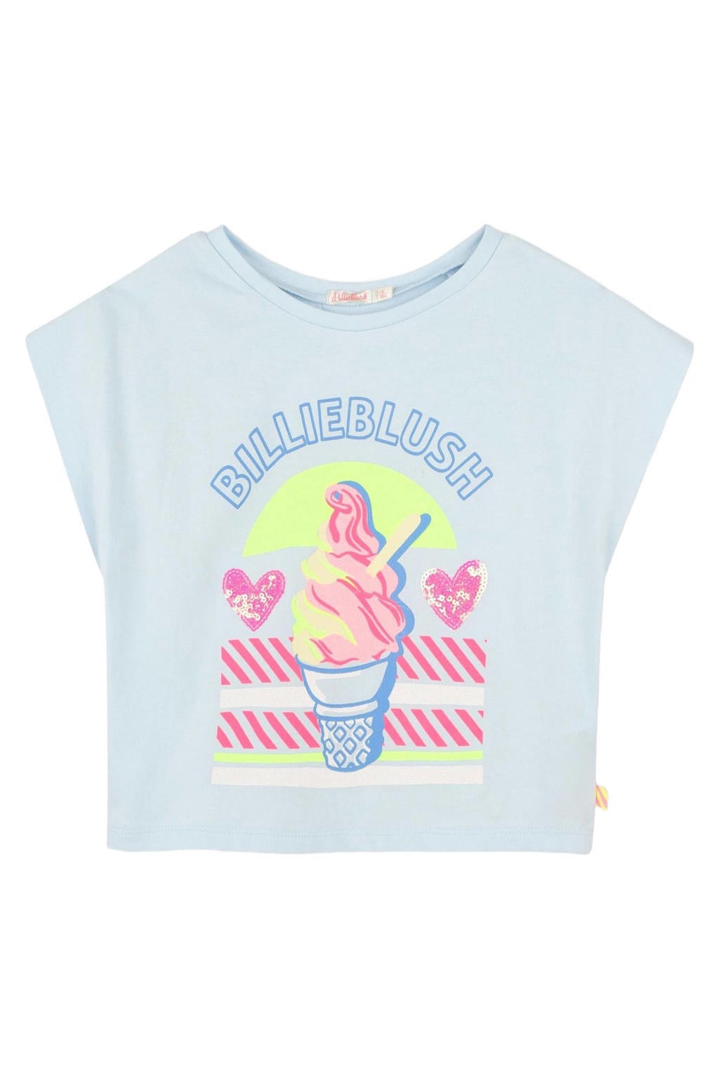 Blauwe meisjes Billieblush T-shirt van katoen met printopdruk, korte mouwen en ronde hals