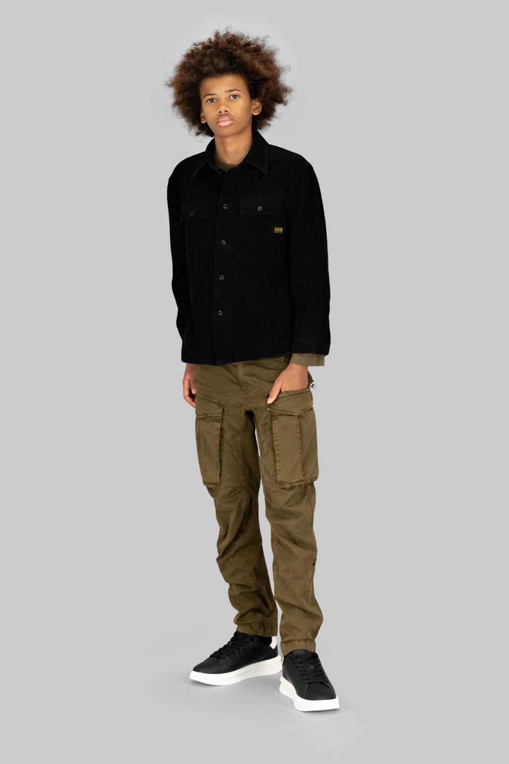 Groene jongens G-STAR tapered cargo broek van stretchkatoen met low waist, rits- en knoopsluiting en effen