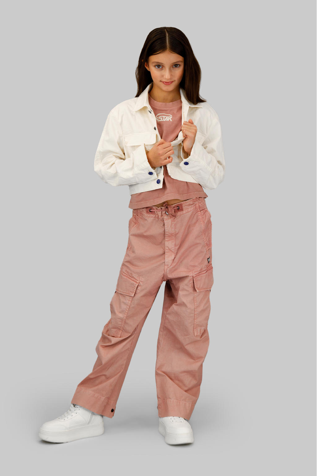 Roze meisjes G-STAR relaxed cargo broek van stretchkatoen met high waist, rits- en drukknoopsluiting en effen
