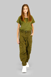 thumbnail: Olijfgroene meisjes G-STAR loose cargo broek van stretchkatoen met high waist, rits- en knoopsluiting en effen