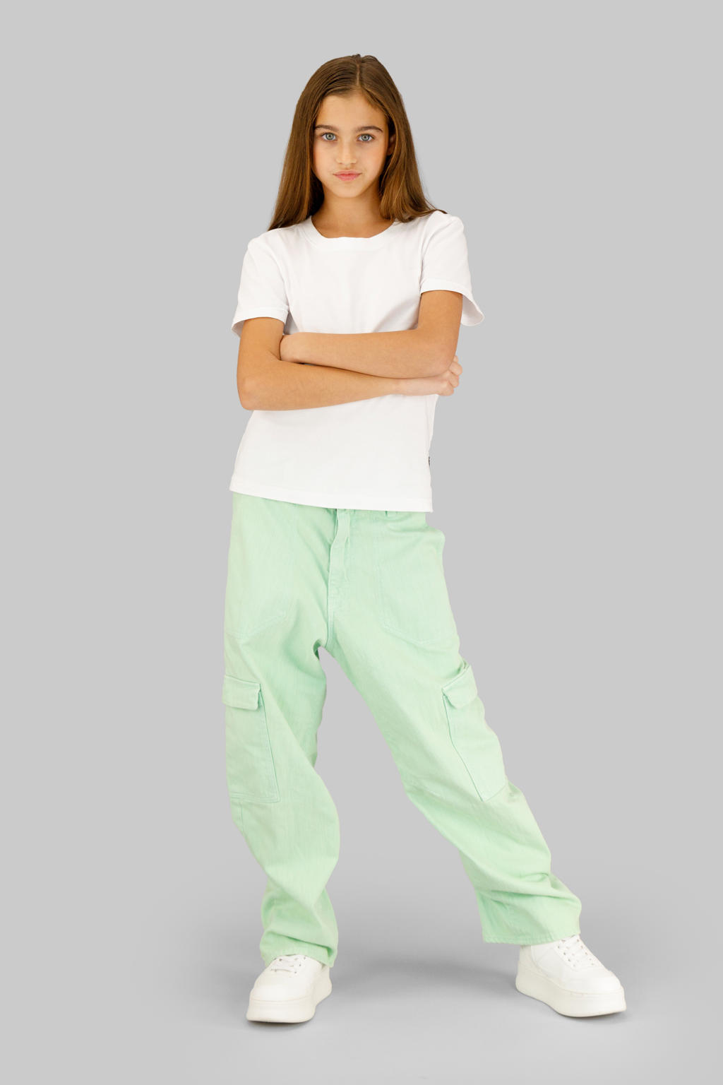Mintgroene meisjes G-STAR loose cargo broek van stretchkatoen met high waist, rits- en knoopsluiting en effen
