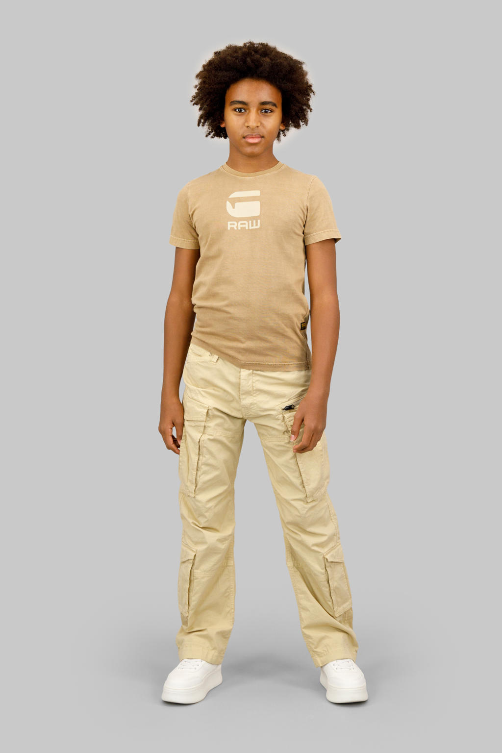 Kakikleurige jongens G-STAR loose cargo broek van stretchkatoen met high waist, rits- en knoopsluiting en effen