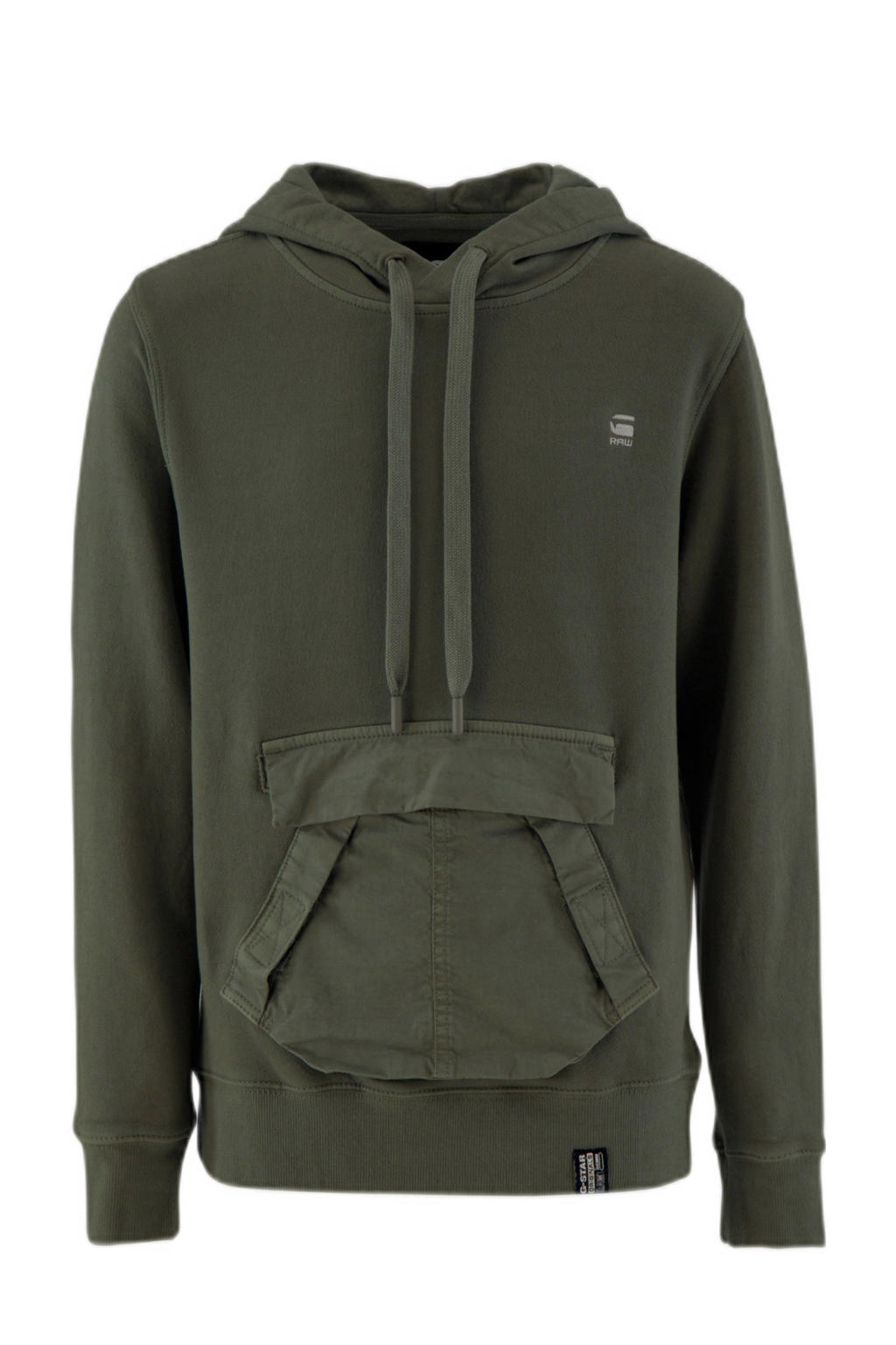 Olijfgroene jongens G-STAR sweater met effen, lange mouwen, capuchon en geribde boorden