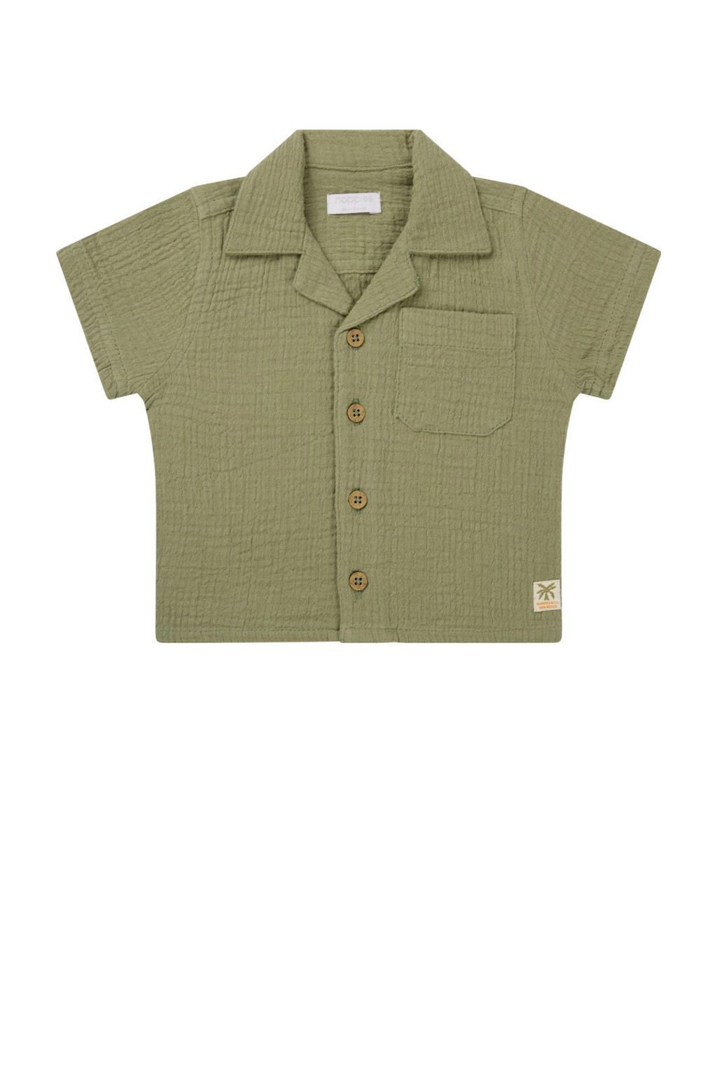 Groene jongens Noppies baby shirt van katoen met effen, korte mouwen, reverskraag en knoopsluiting