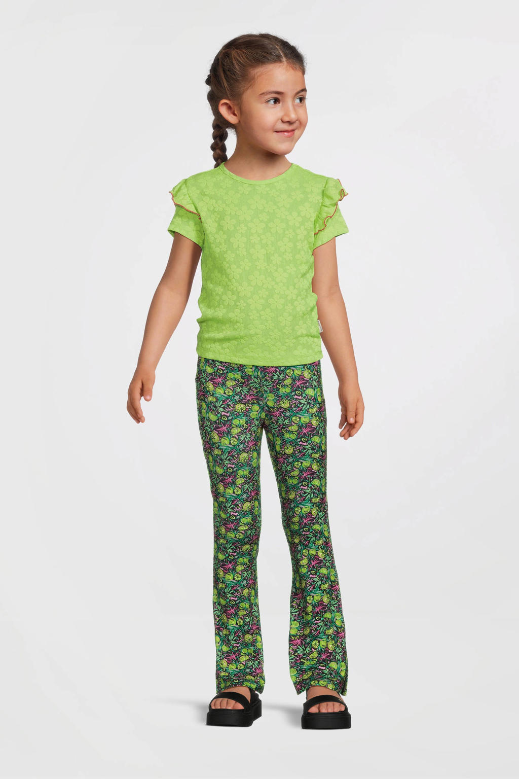 Groene meisjes B.Nosy T-shirt van polyester met bloemenprint, korte mouwen, ronde hals en ruches