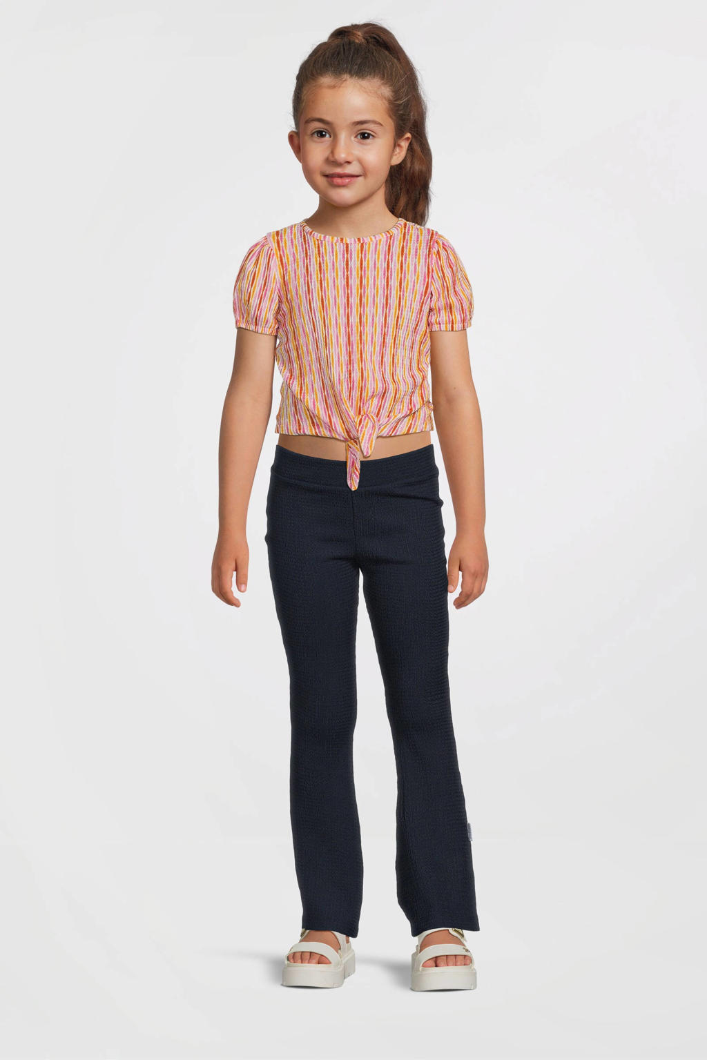 Roze en oranje meisjes B.Nosy T-shirt van polyester met korte mouwen, ronde hals en knoopdetail