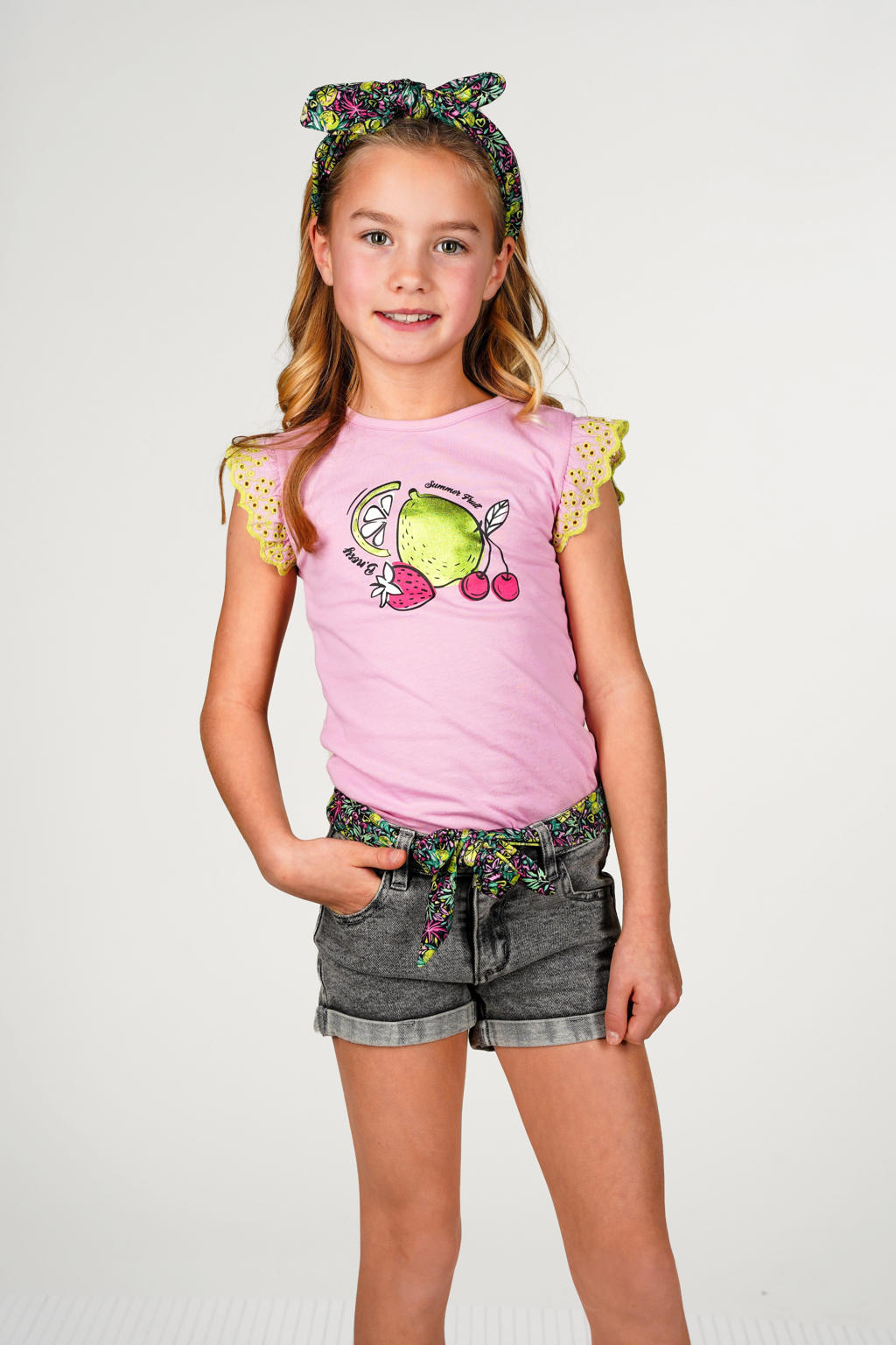 Roze meisjes B.Nosy T-shirt broderie van katoen met printopdruk en ronde hals