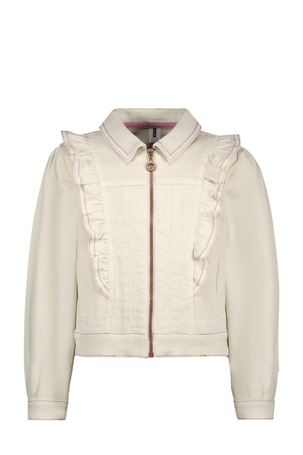 Witte meisjes B.Nosy spijkerjas van stretchdenim met effen, lange mouwen, klassieke kraag, ritssluiting en ruches
