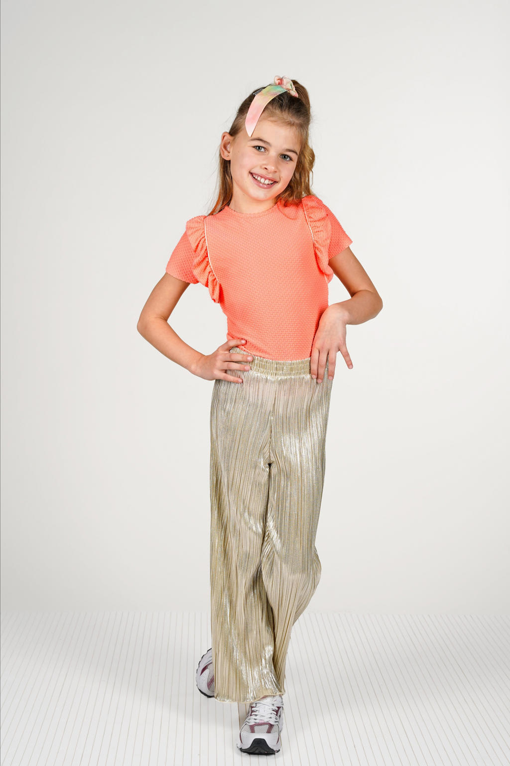 Roze meisjes B.Nosy T-shirt van polyester met effen, korte mouwen, ronde hals en ruches