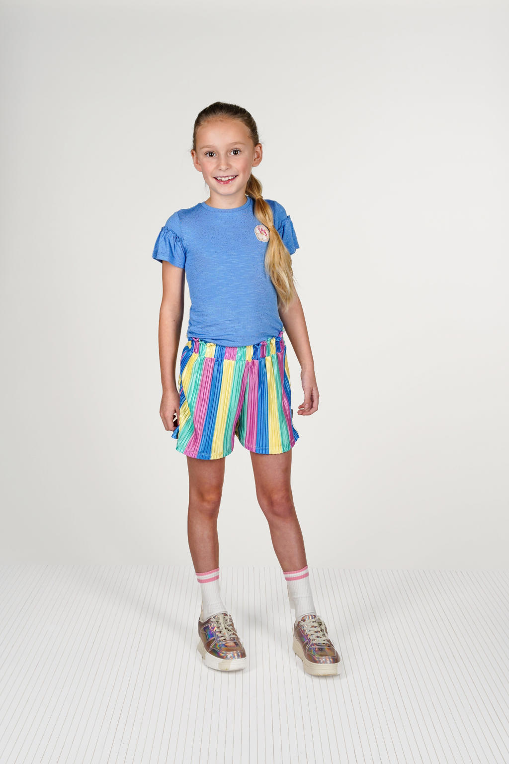 Blauwe meisjes B.Nosy T-shirt van viscose met melée print, korte mouwen en ronde hals