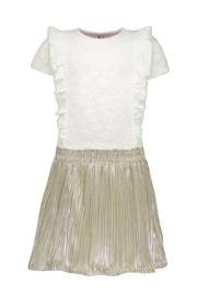 thumbnail: Goud en witte meisjes B.Nosy midi jurk van polyester met bloemenprint, korte mouwen, ronde hals, elastische tailleband en plissé details