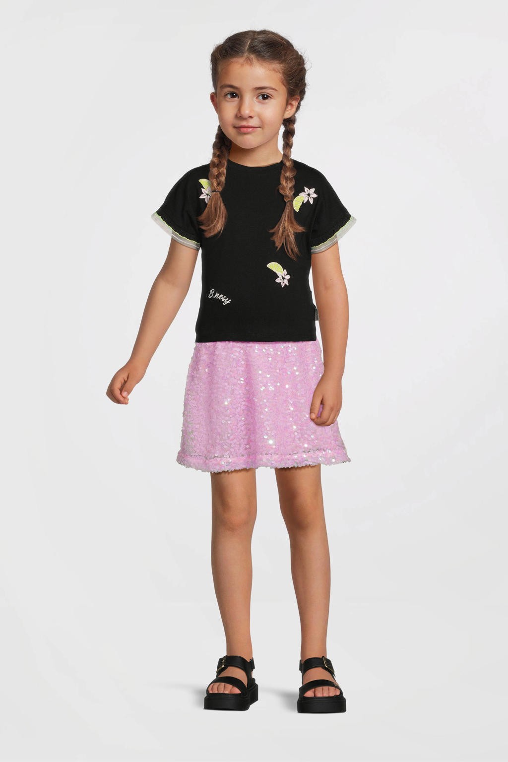 Zwarte meisjes B.Nosy T-shirt van stretchkatoen met korte mouwen en ronde hals