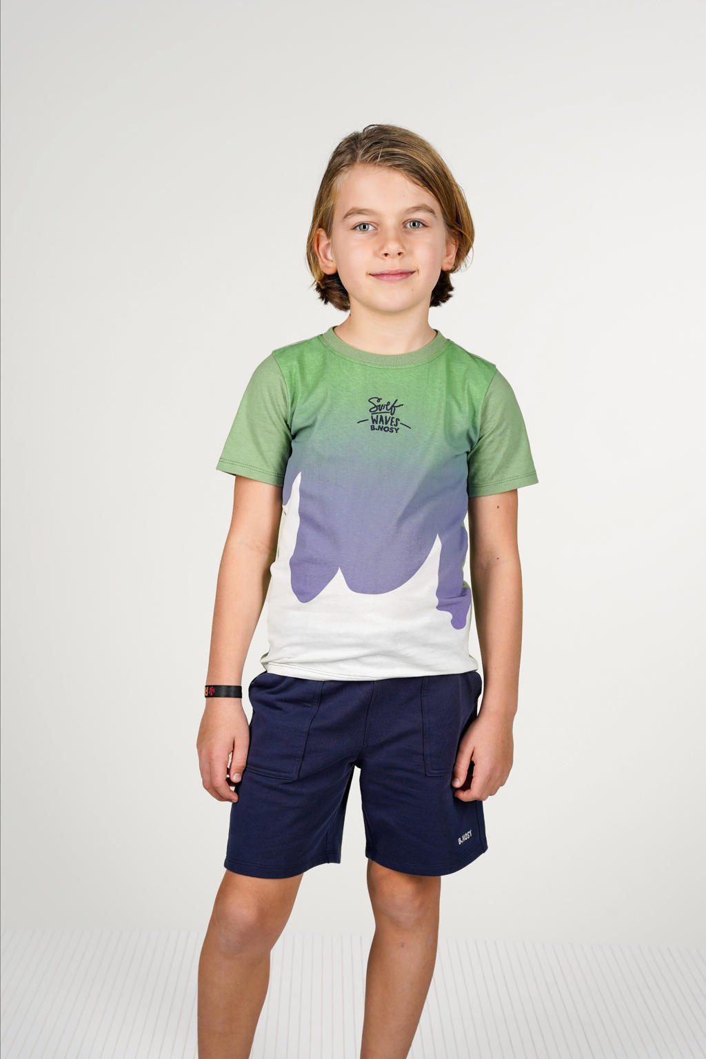 Ecru, groen en paarse jongens B.Nosy T-shirt van katoen met printopdruk, korte mouwen en ronde hals