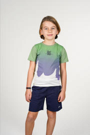 thumbnail: Ecru, groen en paarse jongens B.Nosy T-shirt van katoen met printopdruk, korte mouwen en ronde hals