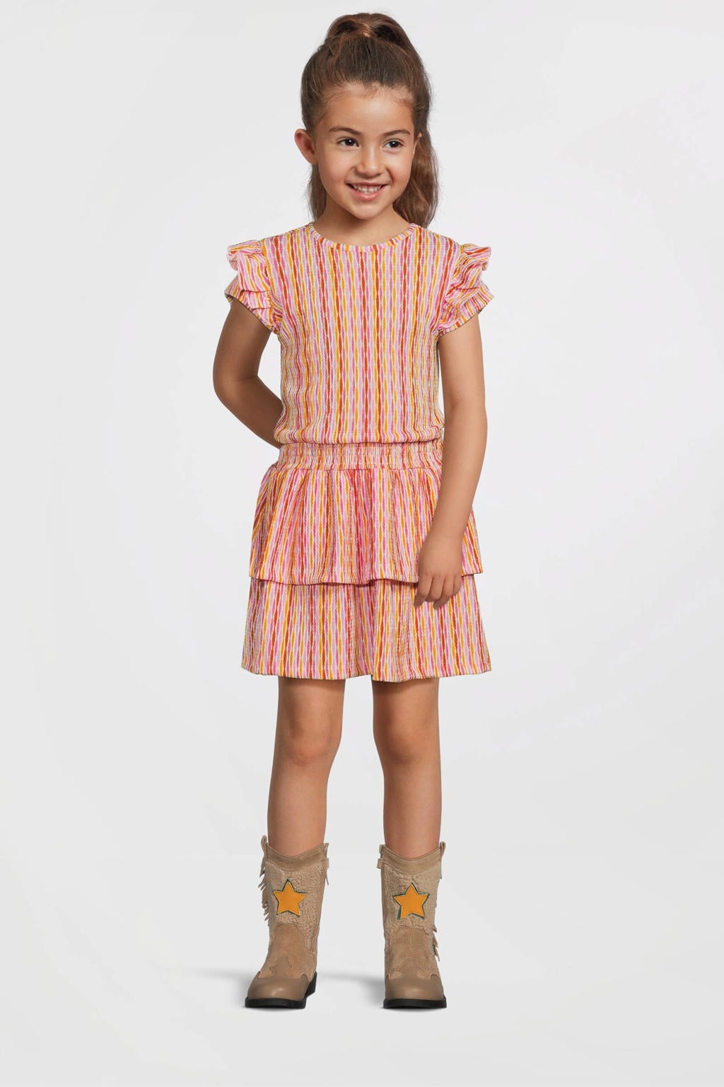 Roze en oranje meisjes B.Nosy midi jurk van polyester met korte mouwen, ronde hals, elastische tailleband en ruches