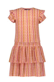 thumbnail: Roze en oranje meisjes B.Nosy midi jurk van polyester met korte mouwen, ronde hals, elastische tailleband en ruches