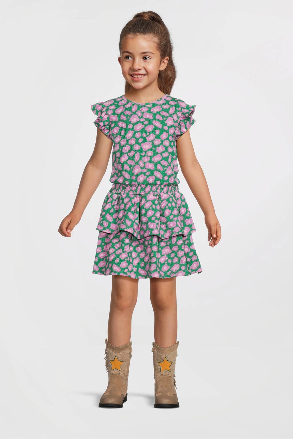 Groen en lilakleurige meisjes B.Nosy midi jurk van polyester met korte mouwen en ronde hals