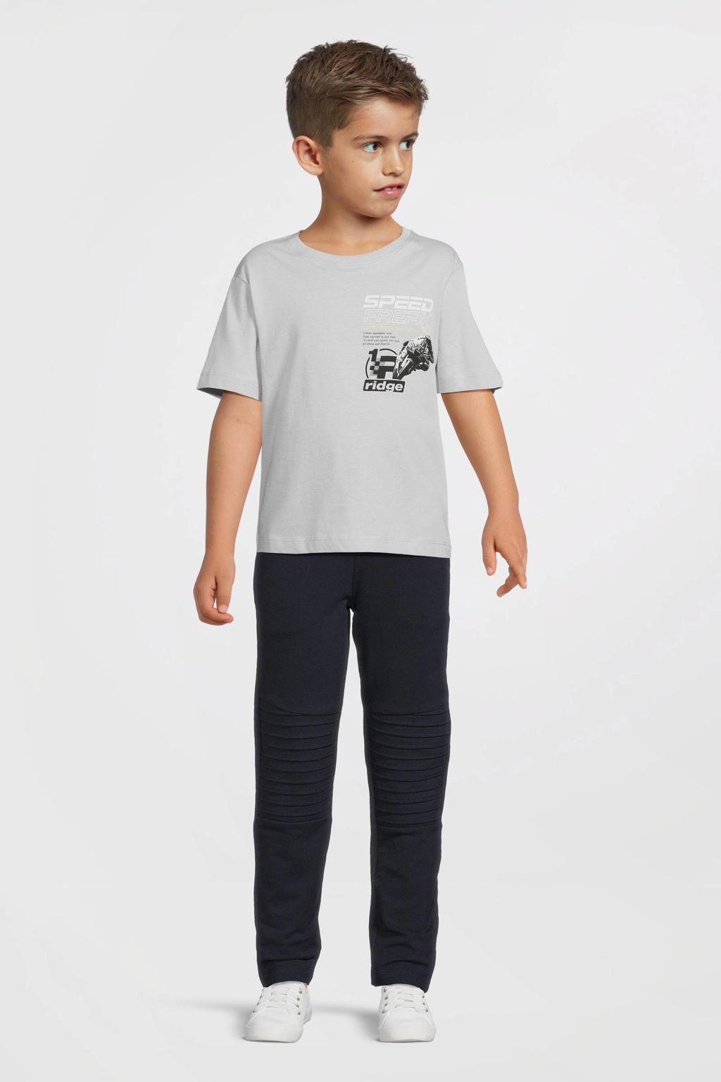Donkerblauwe jongens B.Nosy skinny casual broek van stretchkatoen met regular waist, elastische tailleband met koord en effen