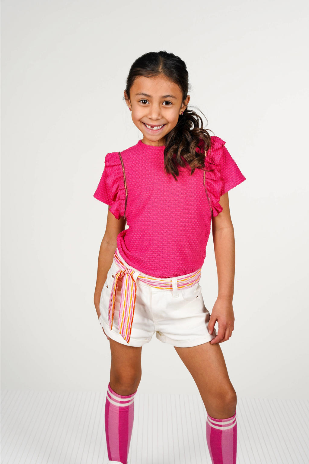 Roze meisjes B.Nosy T-shirt van polyester met effen, korte mouwen, ronde hals en ruches