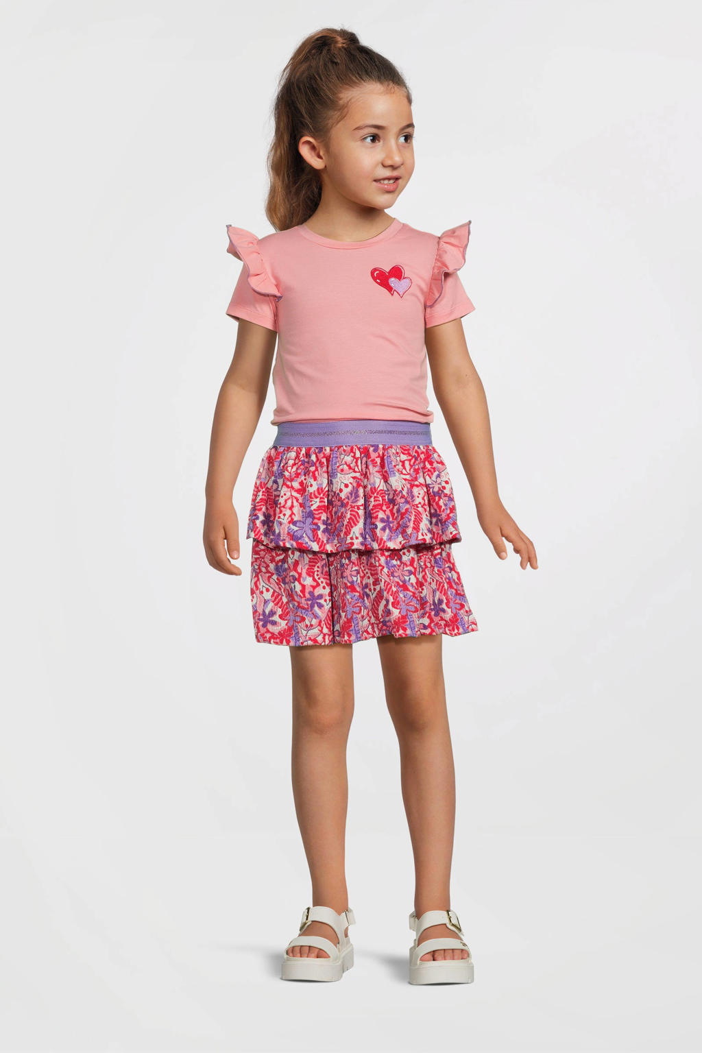 Roze, lila en rode meisjes B.Nosy midi jurk van stretchkatoen met bloemenprint, korte mouwen en ronde hals