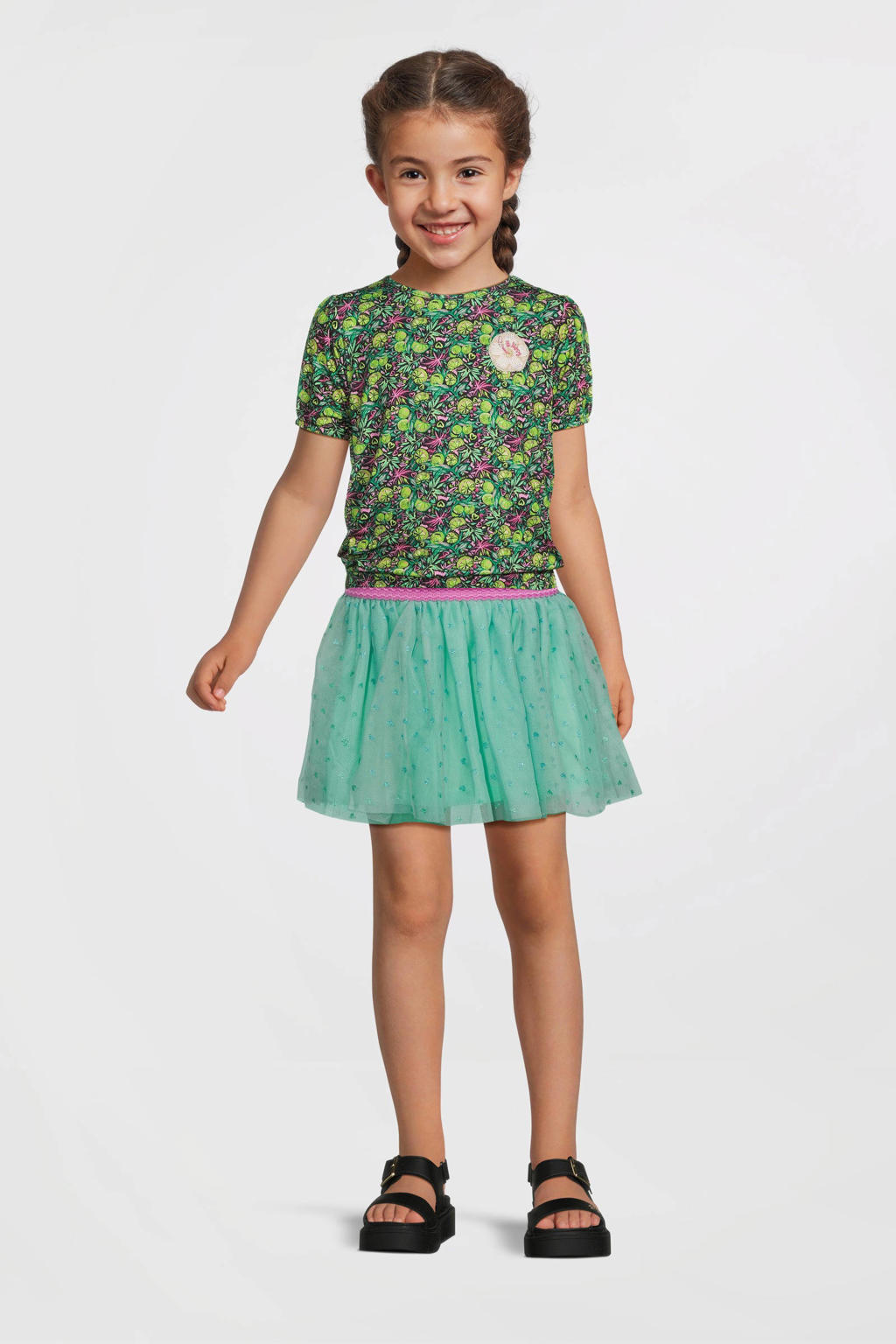 Groen en multikleurige meisjes B.Nosy T-shirt van polyester met bloemenprint, korte mouwen en ronde hals