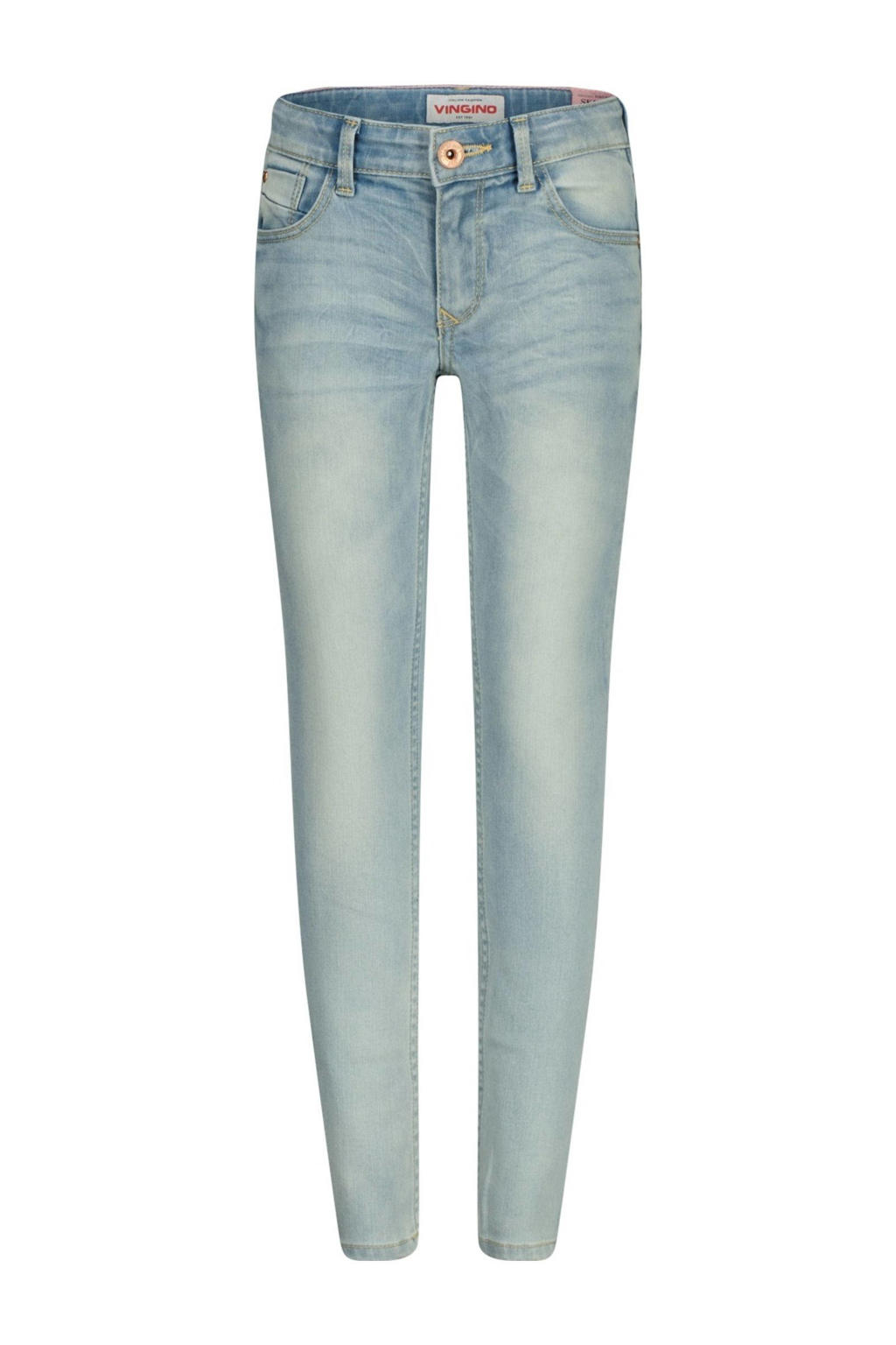 Light blue denim meisjes Vingino regular waist skinny jeans van denim met rits- en knoopsluiting en effen